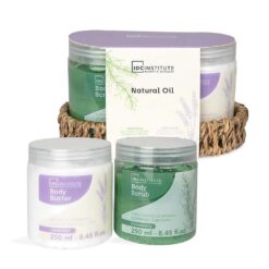 *99335 IDC Institute Natural Oil Wicker Basket Σετ Μπάνιου - Περιποίησης με Φυτικά Έλαια 16 x 9,5 x 9cm 3pcs